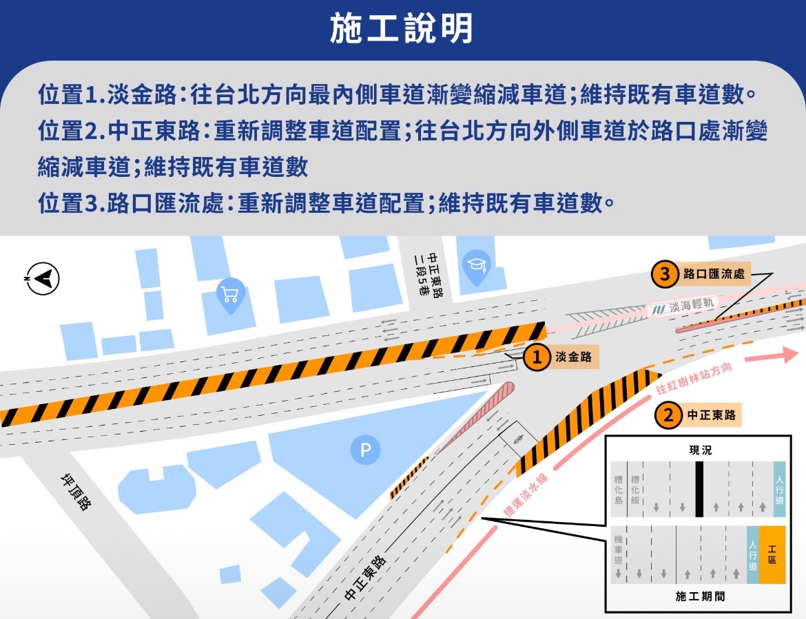 淡北道路工程靠淡水端兩處匝道將於4月15日起動工，共分為5個階段進行施工交維，第1階段工期約3年，全段道路則預計在118年完工通車