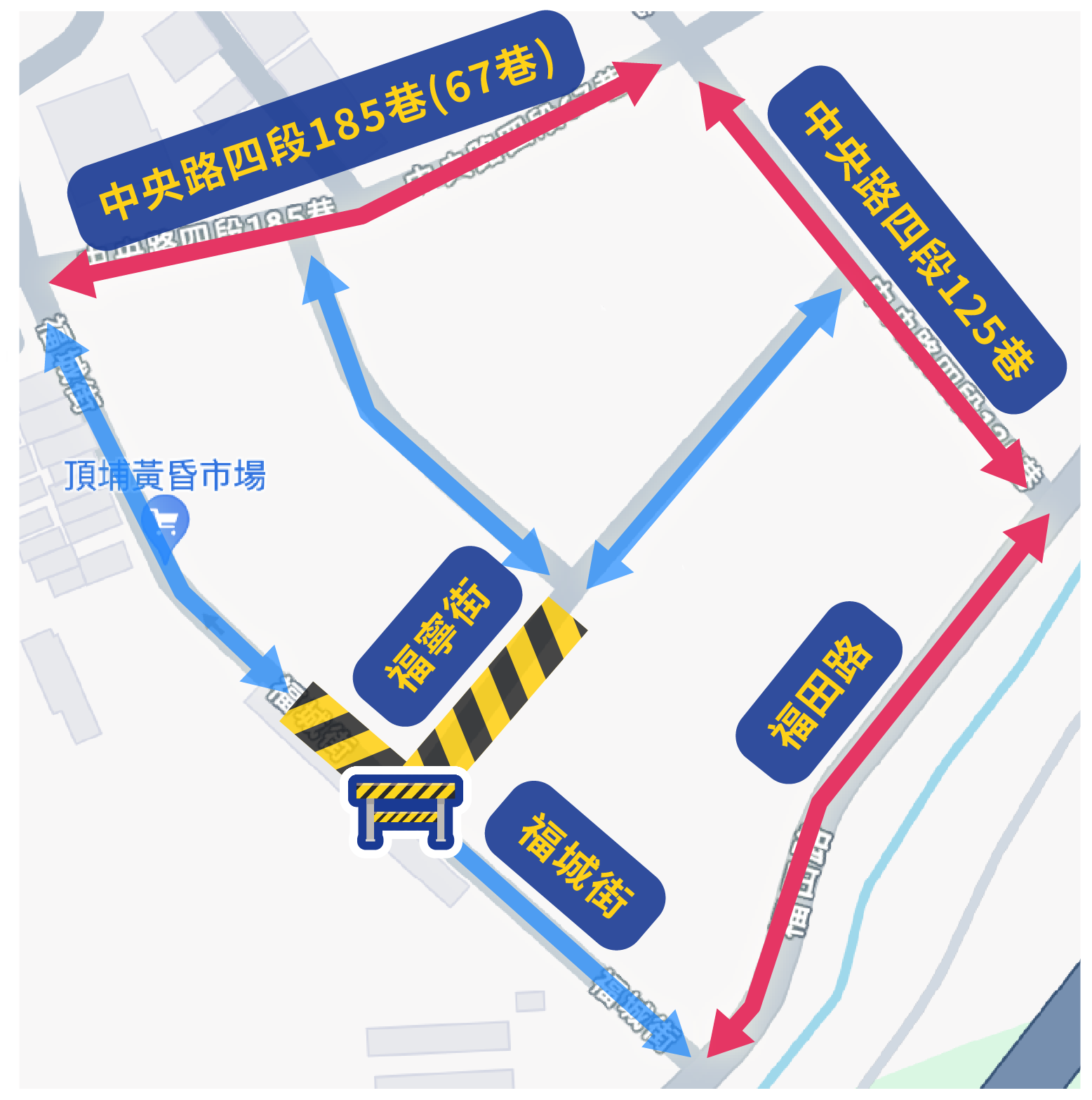 土城「頂福安居」社宅基地旁開闢中的計畫道路，將於8月26日至9月22日，進行雨水箱涵工程，將封閉土城福城街及福寧街部分路段(藍色箭頭)，人車請依照紅色箭頭方向改道通行。