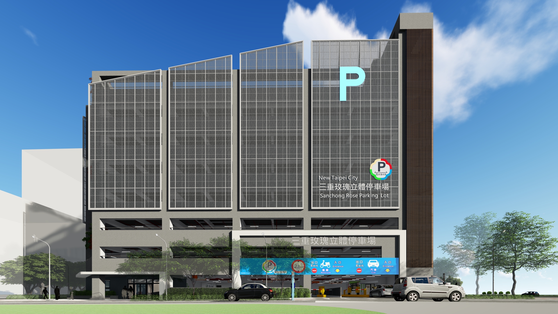 圖說： 三重玫瑰立體停車場採用靜壓式工法，並在建築物外牆使用輕巧易維護的造型擴張網，不僅降低車輛停車時發出的噪音，也可減少停車場內車燈外散的情形。