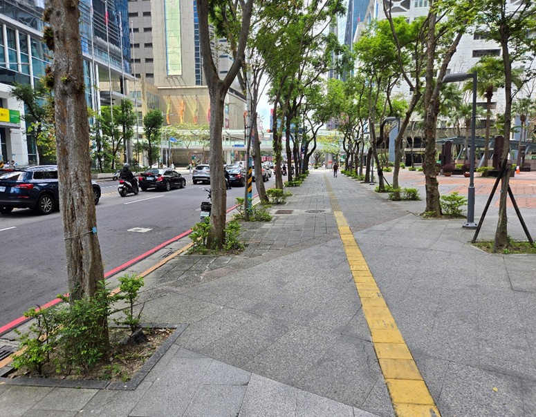 圖說： 養工處全面翻修市府前廣場周邊人行道鋪面、擴大樹穴，營造友善順暢的通行環境，圖為中山路一段施工前。