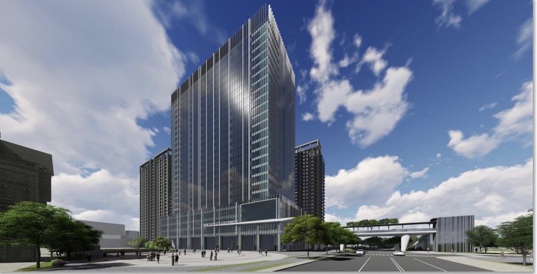 新北市推動「宜居建築」，三重第二行政中心將以取得黃金級綠建築及銅級智慧建築為目標努力，此圖為三重第二行政中心完工模擬圖。