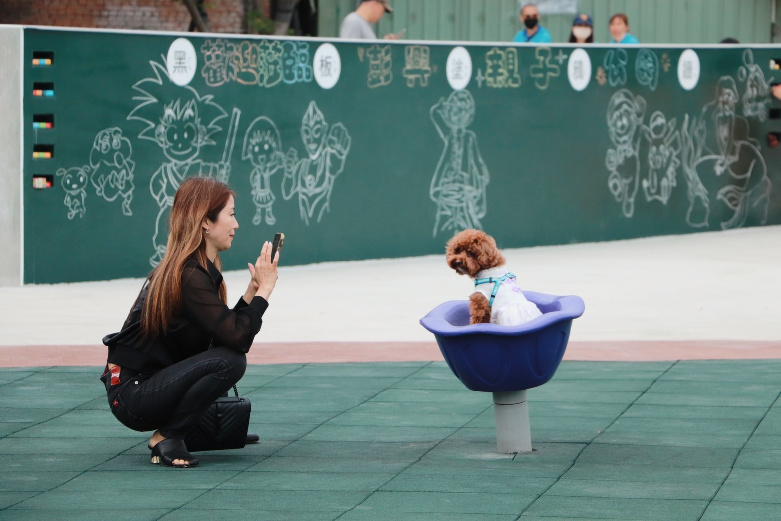 彭興親子公園今日剛啟用後，民眾也帶毛小孩至公園放風，幫毛小孩在象徵田園風光的田野風花形轉椅上拍照留念。